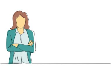 Tek sıra halinde tişörtlü, kendine güvenen ve kollarını kavuşturan bir kadın çiziyor. Kollarını kavuşturup duran aktif bir iş kadını. Bir çizgi çizimi grafik tasarım vektör çizimi