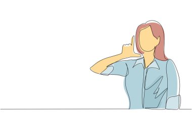 Mutsuz bir kadının alnına parmaklarıyla ezik işareti çizmesi. Stresli trend insan el kol hareketi yapıyor. Kadın 'L' sembolü yapıyor. Devamlı çizgi çizimi grafik vektörü