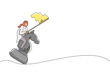 Sürekli bir çizgi halinde, Arap işadamı büyük bir satranç atına biniyor ve elinde bayrak, strateji, rekabetçi, iş konseptinde stratejik bir hamle tutuyor. Tek çizgi çizimi tasarım vektör çizimi