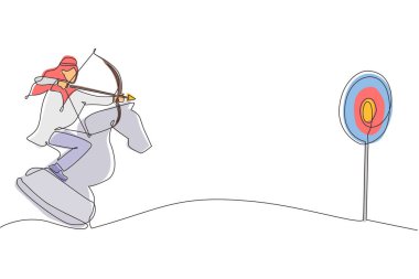 Tek sıra halinde, Arap işadamı elinde okçulukla satranç taşına binerken hedefe nişan alıyor. Stratejik bir kavram. Başarılı bir işletme yöneticisi. Devamlı çizgi çizimi tasarım vektörü illüstrasyonu