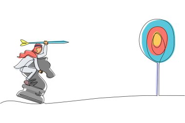 Tek sıra halinde, Arap işadamı elinde okla satranç taşına binerken stratejik bir konsept çiziyor. Başarılı bir işletme yöneticisi. Bir çizgi çizimi grafik tasarım vektör çizimi