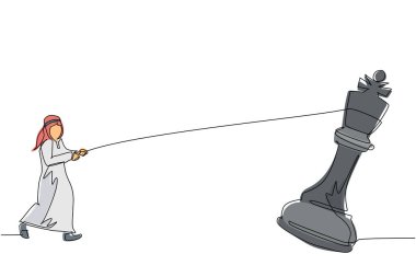 Tek sıra halinde, Arap işadamı büyük kralı halatla çekiyor. İş başarısı hedefi, strateji, rekabetçi, stratejik kavram. Bir çizgi çizimi grafik tasarım vektör çizimi