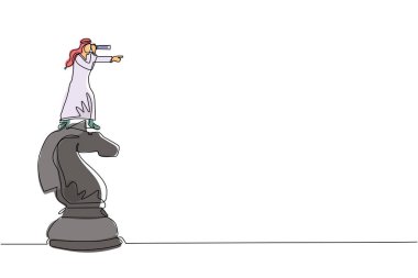 Teleskop kullanarak başarıyı, fırsatları ve gelecekteki iş eğilimlerini arayan Arap işadamını büyük at satrancının tepesine çeken tek çizgi. Bir çizgi çizimi tasarım vektörü illüstrasyonu