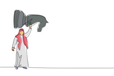 Bir satırda Arap işadamının, şövalye satranç taşını tutarken çizdiği tek satır. Başarılı girişimcilik taktikleri, strateji, iş hayatında üstünlük. Devamlı çizgi çizimi tasarım vektörü illüstrasyonu