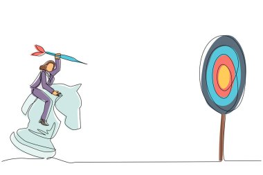 Devamlı bir çizgi, elinde ok tutan aktif bir iş kadını çiziyor, satranç taşına binerken, stratejik bir kavram. Başarılı bir işletme yöneticisi. Tek çizgi çizimi tasarım vektörü grafik çizimi