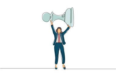 Tek sıra halinde, sevimli iş kadınını elinde tutarken, piyon satranç taşını kaldırırken. Başarılı girişimcilik taktikleri, stratejileri, iş dünyasındaki üstünlükleri. Bir çizgi çizimi tasarım vektörü illüstrasyonu