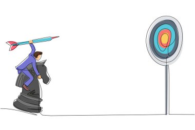 Tek sıra halinde, elinde ok tutan bir işadamını çiziyor. Stratejik bir kavram. Başarılı bir işletme yöneticisi. Dinamik bir çizgi çizer grafik tasarım vektörü çizer