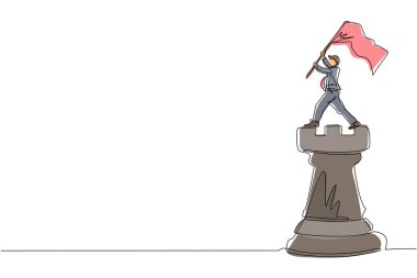 Tek sıra halinde, büyük kalenin tepesinde duran ve bayrak sallayan bir işadamı. Lider başarı konsepti. Başarılı iş stratejisi. Bir çizgi çizimi grafik tasarım vektör çizimi