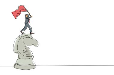 Büyük at satrancının tepesinde duran ve elinde bayrak sallayan tek sıra işadamı. İş başarısı hedefi, metafor kavramı. Bir çizgi çizimi grafik tasarım vektör çizimi