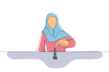 Tek sıra çizme stratejisi, liderlik ve yönetim konsepti. Genç Arap iş kadını tek başına oturmuş ve hareketli satranç figürü kendinden emin hissediyor. Bir çizgi çizimi tasarım vektörü illüstrasyonu