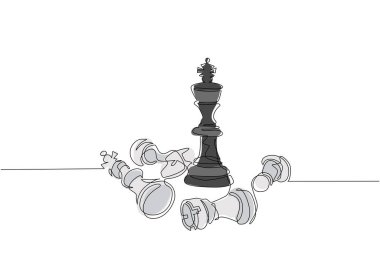 Tek satır halinde lider başarısı konsepti. Liderliğin sembolü olarak elle çizilmiş kraliçe satranç figürü. Başarılı meydan okuma izole edildi. Modern sürekli çizgi çizimi tasarım grafik vektör çizimi