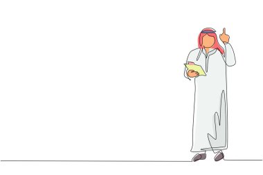 Geleneksel kıyafetler giymiş, pano tutan ve işaret parmağıyla işaret eden Arap bir işadamı çiziyor. Dosya defterini elinde tutan kişi. Tek çizgi çizimi tasarım vektör çizimi