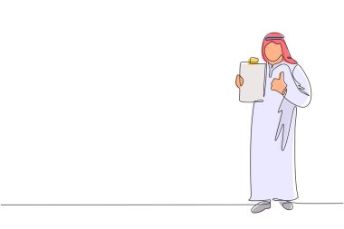 Geleneksel kıyafetler giyen, pano tutan ve baş parmak işareti yapan Arap işadamlarının çizdiği tek sıra. Dosya defterini elinde tutan kişi. Bir çizgi çizme tasarım vektörü