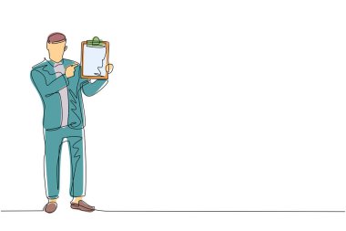 Tek sıra halinde elinde panolarla duran ofis çalışanları. Resmi kıyafetli adam. Genç iş adamı çizgi film karakteri düz stil. Modern sürekli çizgi çizimi tasarım grafik vektör çizimi
