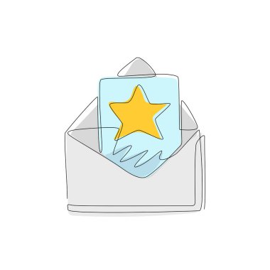 Yıldız resimli açık posta zarfı çizen tek satır. Gelen mesajı oku. Tebrik kartları, posterler, afişler için madalya. Modern sürekli çizgi çizimi tasarım grafik vektör çizimi