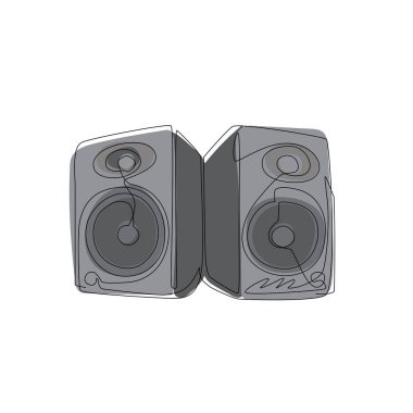 Sürekli olarak ikon logolu müzik sistemi hoparlörleri çiziyor. Hoparlör düz tasarım elemanları posterinin müzikal ekipman grunge görüntüsü. Tek çizgi çizimi tasarım vektörü grafik çizimi