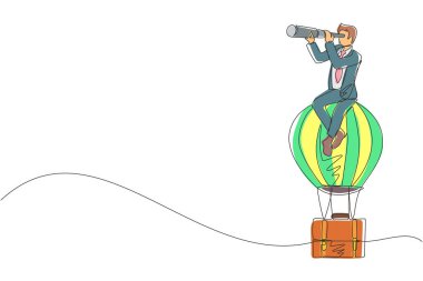 Tek sıra halinde oturan ve sıcak hava balonu çantasıyla teleskoptan bakan bir işadamı. Bavul balonlu bir erkek başarıya gidiyor. İş seyahati. aralıksız çizgi çizme tasarım vektörü