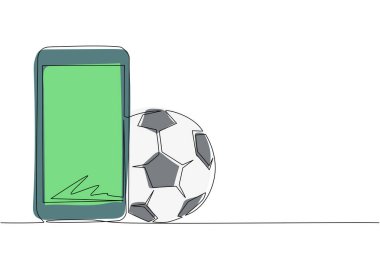 Akıllı telefon ve futbol topu çizen tek çizgi. Çevrimiçi futbol maçları. Akıllı telefon uygulamaları. Canlı mobil uygulamalı çevrimiçi futbol maçı. Aralıksız çizgi çizimi tasarım grafik vektör çizimi