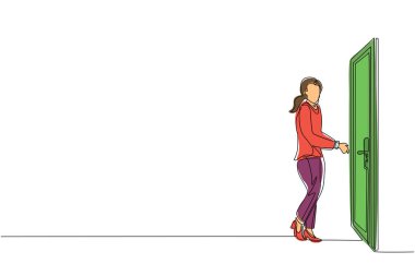 Sürekli bir satır çizen işkadını anahtarı kapının üzerindeki anahtar deliğine sokuyor. Kadın, ofis kapısını anahtarla açıyor. Başarı konsepti. Tek çizgi çizimi tasarım vektörü grafiği