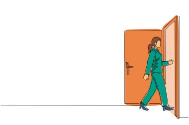 Tek sıra halinde bir iş kadını kapıdan odaya giriyor. - Ne? Kadın kapıyı açtı. Ofiste yeni bir güne başlıyorum. İş konsepti. Devamlı çizgi çizimi tasarım vektörü illüstrasyonu