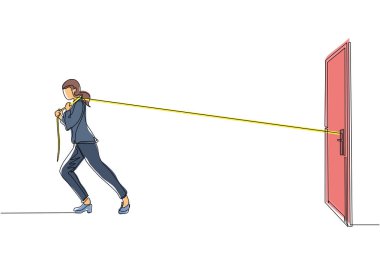 Tek sıra halinde, iş kadını ağır kapı çerçevelerini çekmek için sıkı bir şekilde halat çekmeye çalışıyor. Büyük bir sorunla yüzleşmek için bir metafor. İş sorunları. Başarı için güç. Bir çizgi çizme tasarım vektörü