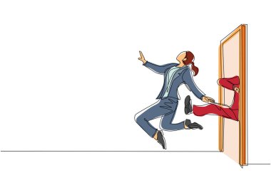 Sürekli bir sıra halinde iş kadını kapı dışarı ediliyor. İşinden azledildi. İşsizlik konsepti. Patron gereksiz yere çalışanı kovdu. Tek çizgi tasarım vektör grafik çizimi