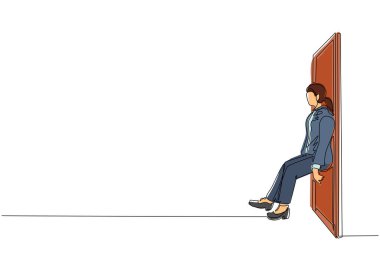 Tek sıra halinde, iş kadını sırtını kapıya dayıyor. İş sorunları. Başarı için güç. Engelleri aşma konsepti. Modern sürekli çizgi çizim grafik vektörü