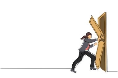 Genç iş kadınının kapıyı yumruklayıp parçaladığı bir satır. Girişlerin engelini kaldırmak, zorlukların üstesinden gelmek, güç kullanarak engelleri ortadan kaldırmak. Tek çizgi çizme tasarım vektörü