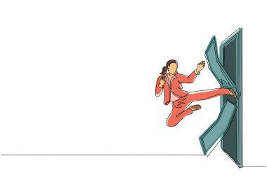 Tek sıra halinde iş kadını kapı kırılana kadar uçan tekmeyle kapıyı tekmeliyor. Adam kilitli kapıyı tekmeliyor. Engelleri aşma konsepti. Modern sürekli çizgi tasarım vektörü