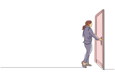 Kapı tokmağı tutan tek sıra halinde çalışan bir iş kadını. Ofis binasındaki odaya giriyorum. Kapıyı açıp çalışma alanına girmek için kapı kolu tutan kız. Dinamik bir çizgi grafik tasarım vektörü