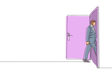 Sürekli bir sıra halinde işadamı kapıdan odaya giriyor. Adam kapıyı açtı. Ofiste yeni bir güne başlıyorum. İş konsepti. Tek çizgi çizimi tasarım vektörü grafik çizimi