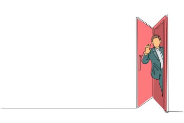 Sürekli bir çizgi halinde iş adamı açık kapının arkasından bakıyor. Kapıya bakıp el sallayan genç adam. Kapıda duran neşeli erkek. Tek çizgi çizimi tasarım vektörü grafik çizimi