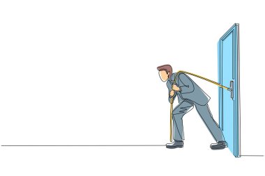 Tek sıra halinde iş adamı, ağır kapı çerçevelerini çekmek için halat çekmeye çalışıyor. Büyük bir sorunla yüzleşmek için bir metafor. İş sorunları. Başarı için güç. Devamlı çizgi çizim tasarım vektörü