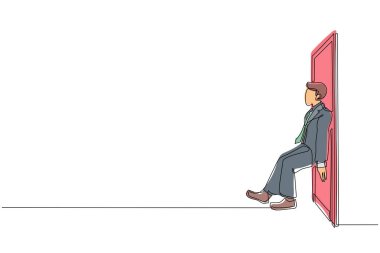 Tek sıra halinde iş adamı kapıyı sırtından itiyor. İş sorunları. Başarı için güç. Engelleri aşma konsepti. Dinamik bir çizgi grafik tasarım vektörü