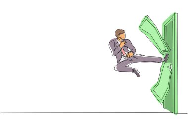 Sürekli bir çizgi çizen işadamı kapı kırılana kadar uçan tekmeyle kapıyı tekmeliyor. Adam kilitli kapıyı tekmeliyor. Engelleri aşma konsepti. Tek çizgi çizimi tasarım vektörü grafiği