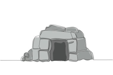 Tarih öncesi taş mağara girişi eskizini izole edilmiş beyaz arka plana çizmeye devam et. Taş mağara girişi düz kompozisyon simgesi. Tek çizgi çizimi tasarım vektörü grafik çizimi