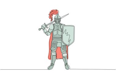 Tek sıra ortaçağ şövalyesi zırhı ve miğferi içinde kalkan ve kılıcı tutuyor. Tarihi antik askeri karakter. Eski prens savaşçı. Devamlı çizgi çizimi grafik vektörü