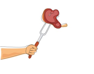 Çatalda bifteği tutan tek bir çizgi. Barbekü, çatalın üzerinde et parçaları, yemek eti, biftekli el çizimi. Izgara piknik şablonu. Devamlı çizgi çizimi grafik vektörü