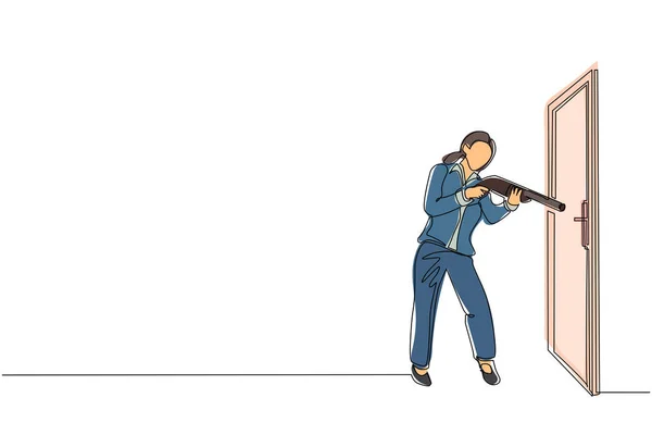 Une Seule Ligne Dessinant Une Femme Affaires Pointant Fusil Chasse — Image vectorielle