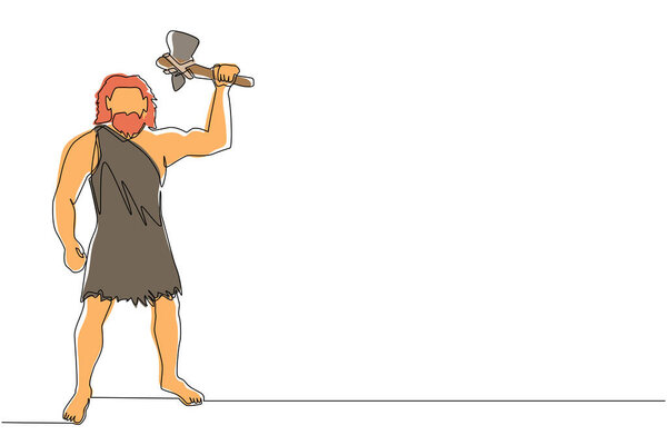 Одна линия, изображающая пещерного человека, держащего и поднимающего каменный топор над головой. Доисторический охотник. Древний человек охотится на животных в поисках пищи. Графическая векторная иллюстрация