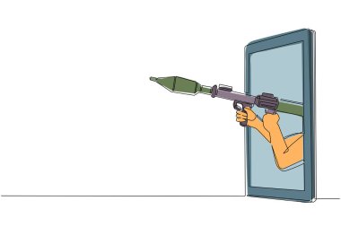 Cep telefonundan roket atarla el ele tutuşan tek bir hat. RPG video oyunları, e-spor, akıllı telefonlar için eğlence uygulaması kavramı. Bir çizgi çizimi grafik tasarım vektörü
