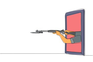Tek sıra halinde, cep telefonuna bağlı süngüyle el ele tutuşan bir tüfek. Savaş oyunları, e-spor, akıllı telefonlar için eğlence uygulaması kavramı. Bir çizgi çizme tasarım vektörü