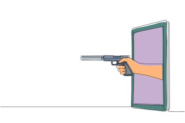 Tek sıra halinde cep telefonuyla susturuculu bir el tabancası çekiyor. Mafya video oyunları, e-spor, akıllı telefonlar için eğlence uygulaması kavramı. Devamlı çizgi çizim tasarım vektörü