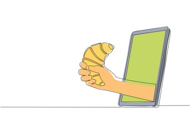 Tek sıra halinde insan elini cep telefonuyla taze pişmiş kruvasan tutarken. Restoran siparişi çevrimiçi yemek. Akıllı telefonlar için başvuru formu. Bir çizgi çizme tasarım vektörü