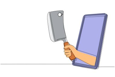 Tek sıra halinde et mutfağı satırı, kasap bıçağı ve cep telefonu. Mobil yemek oyunları, akıllı telefonlar için eğlence uygulaması. Devamlı çizgi çizimi tasarım vektörü illüstrasyonu