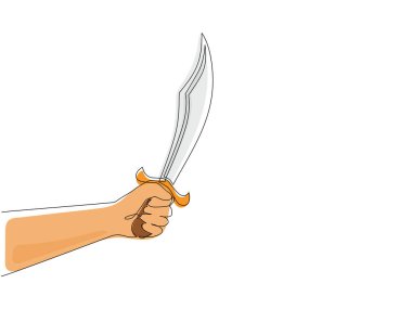 Tek sıra halinde insan eli palayı çekiyor. Uzun çelik bıçaklı balta bıçağı. Palayla bilinen dalları ve odunları kesmek için bir el aleti. Bir çizgi çizimi grafik tasarım vektör çizimi