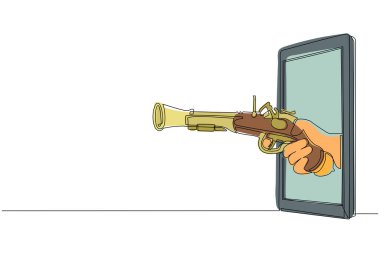 Sürekli bir çizgi çizerek eski çakmaktaşı tabancasını cep telefonuna doğrultuyor. Korsan video oyunları, e-spor, akıllı telefonlar için eğlence uygulaması kavramı. Tek çizgi çizme tasarım vektörü