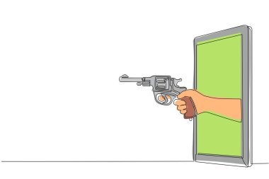 Tek sıra halinde cep telefonundan tabancayı tutuyor. Savaş oyunları, e-spor, akıllı telefonlar için eğlence uygulaması kavramı. Bir çizgi çizimi grafik tasarım vektörü