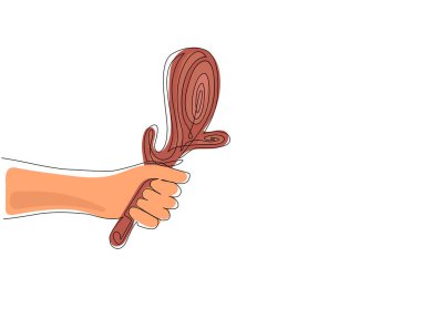 Tek bir çizgi ilkel antik silah sopasıyla mağara insanlarının avlanması ya da savaşması için el ele tutuşuyor. Taş devrinde hayatta kalmak için tarih öncesi bir araç. Modern sürekli çizgi çizim grafik vektörü