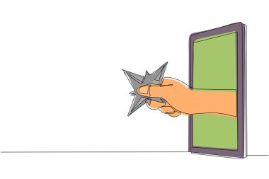 Bıçak shuriken 'i cep telefonuyla tutarken sürekli bir çizgi çiziyor. Ninja bilgisayar oyunları, e-spor, akıllı telefonlar için eğlence uygulaması kavramı. Tek çizgi çizimi tasarım vektörü grafiği